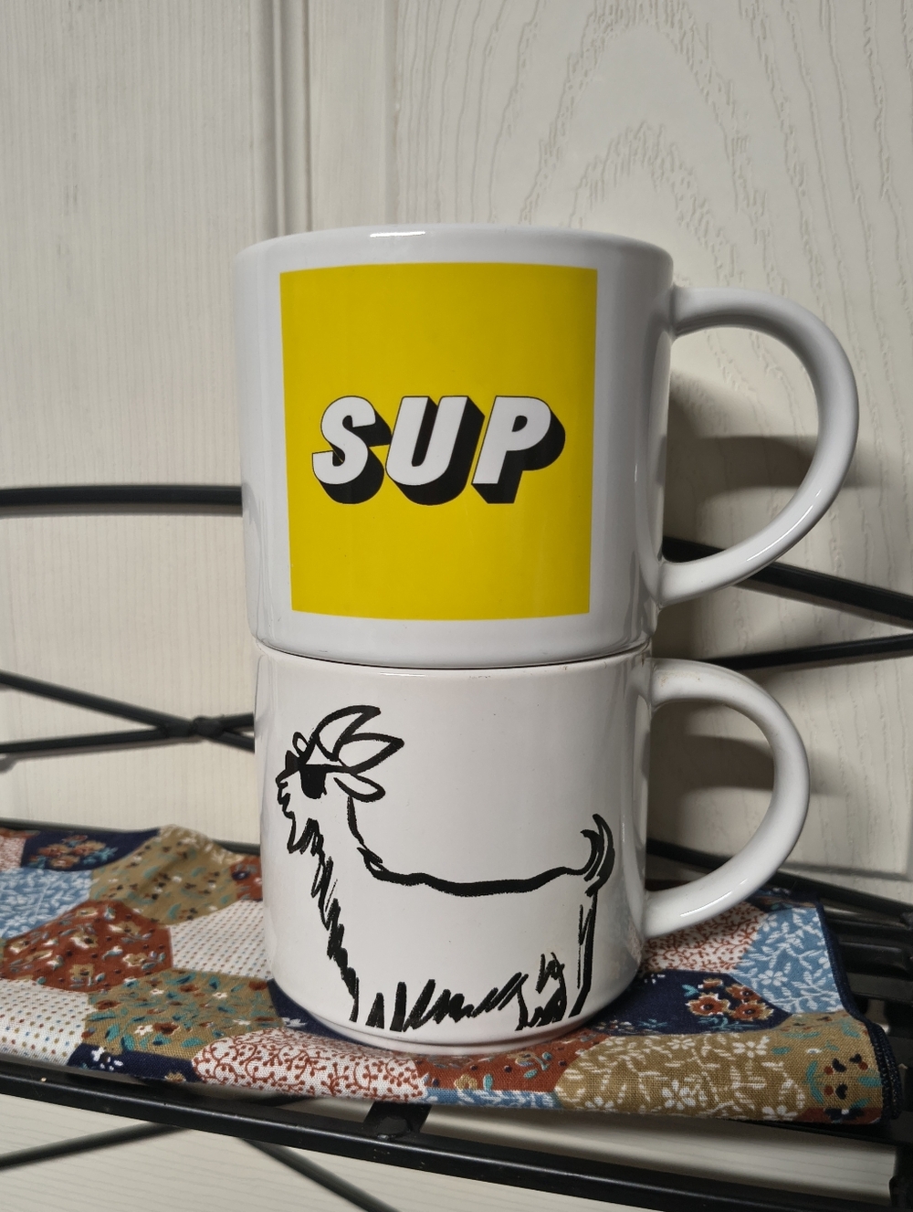 Room Essentials White Stackable Mug Set with Yellow 'SUP' and Black Goat Art